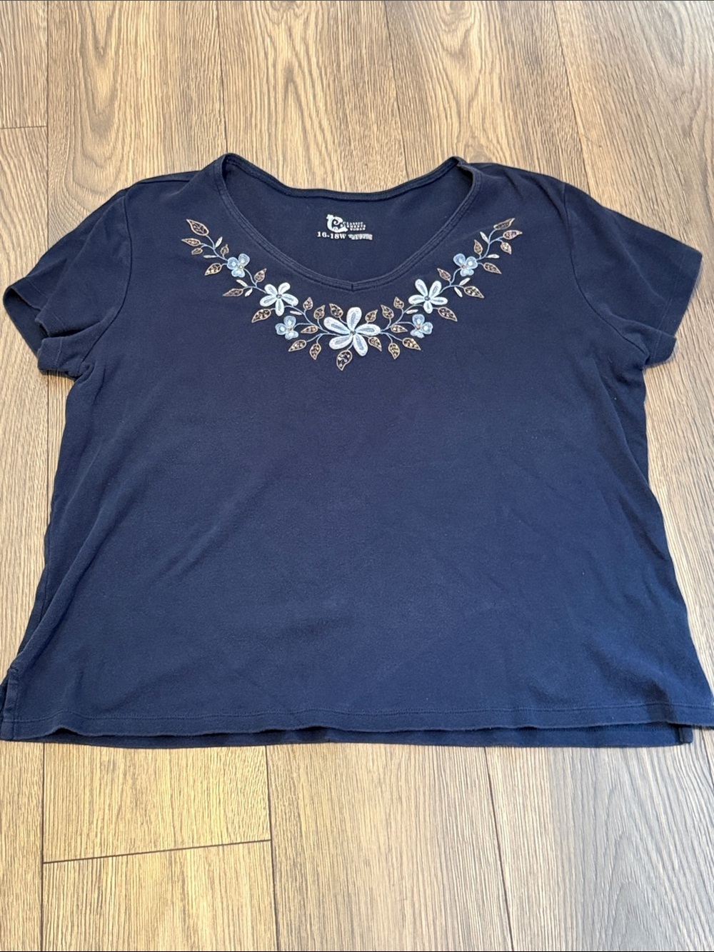 Classic Elements Navy Short Sleeve Tee with Blue and White Floral Neckline